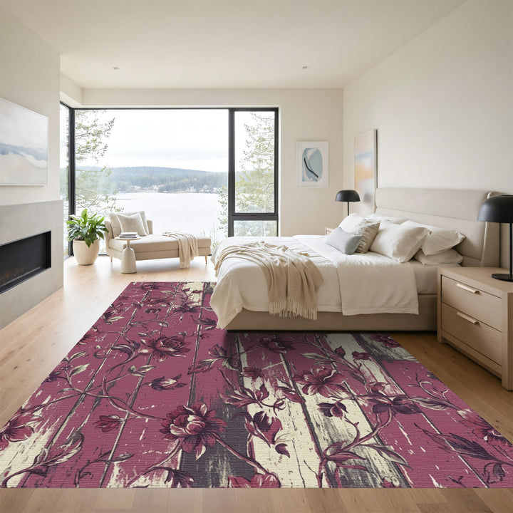 Ornate Plum Floral Woodgrain Vines Rug