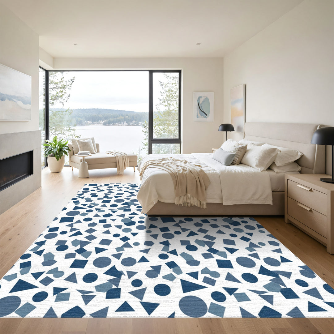 Dark Blue Geometric Shapes Collage Rug