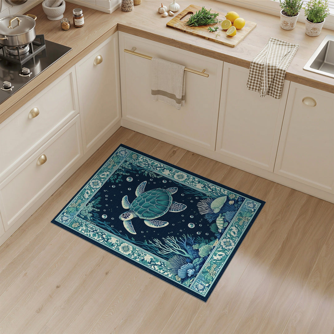 Blue Teal Sea Turtle Coastal Area Rug