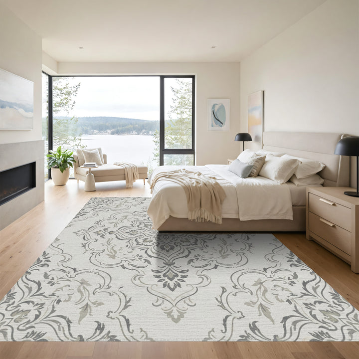 Neutral Gray Vintage Damask Medallion Rug