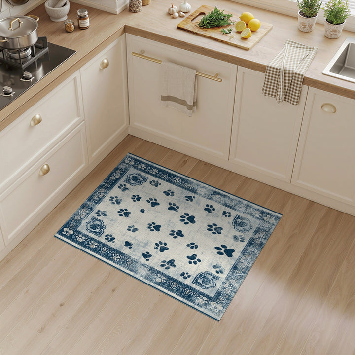 Blue and Teal Distressed Blue Paw Print Area Rug