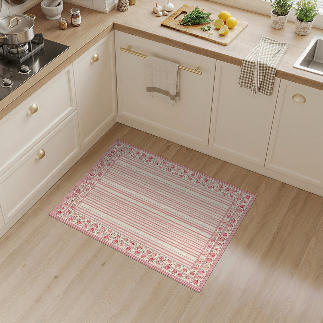 Pink Floral Vintage Striped Area Rug