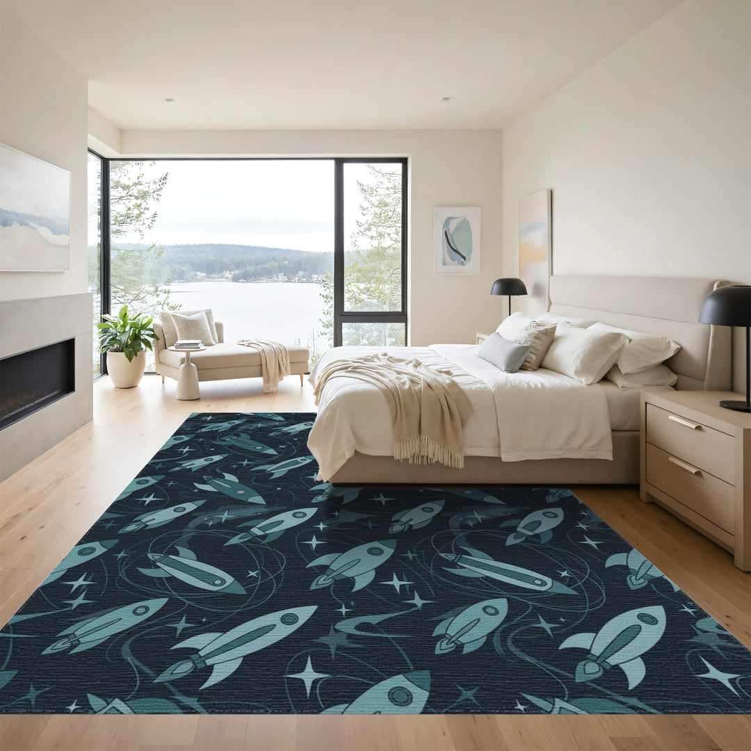 Retro Blue Mid Century Rocket Galaxy Rug