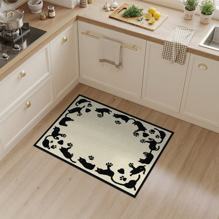 Black Cat Paw Print Washable Area Rug