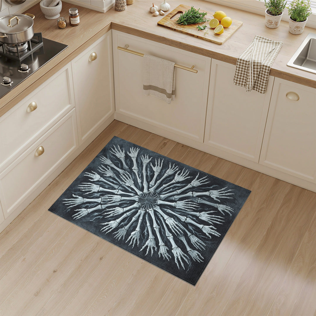 Black White Skeletal Hands Mandala Area Rug