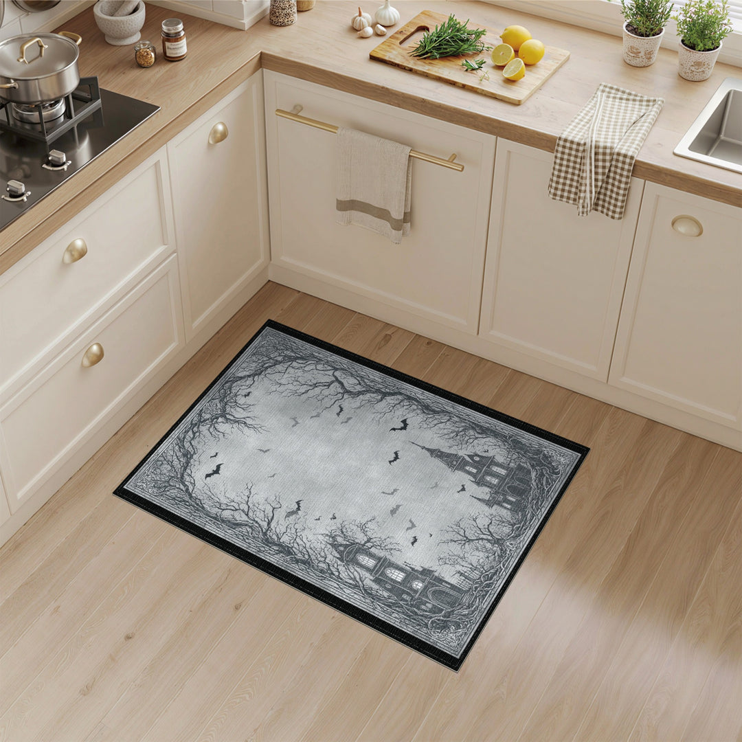 Gothic Haunted Mansion Black White Area Rug