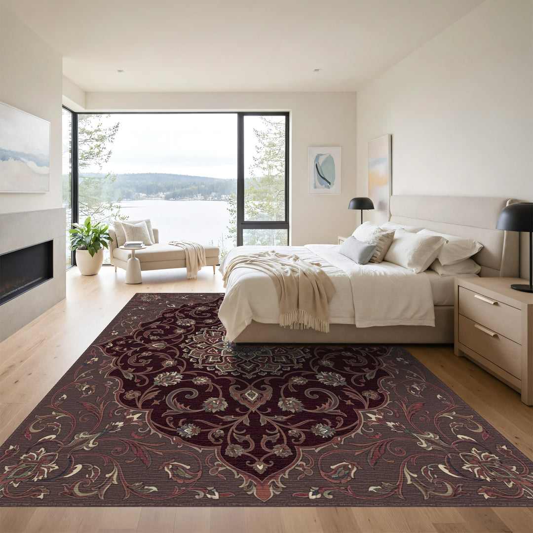 Deep Burgundy Floral Medallion Arabesque Rug