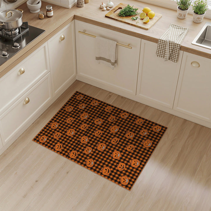Kids Cartoon Orange Pumpkin Checkered Area Rug