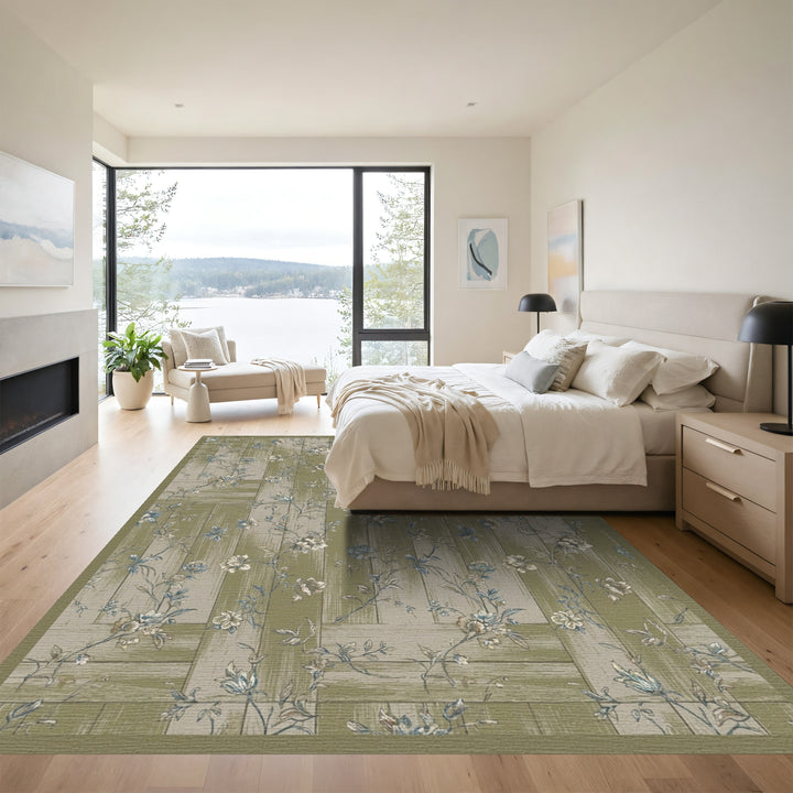 Vintage Green Floral Wood Panel Rug