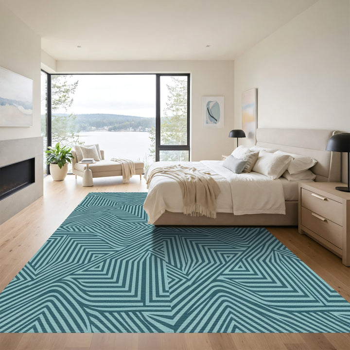Teal Striped Geometric Wave Rug
