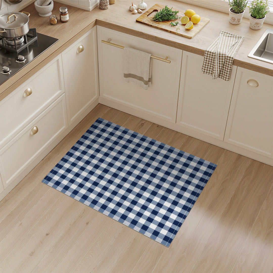 Blue and Teal Geometric Modern Navy Blue Checkered Washable Area Rug