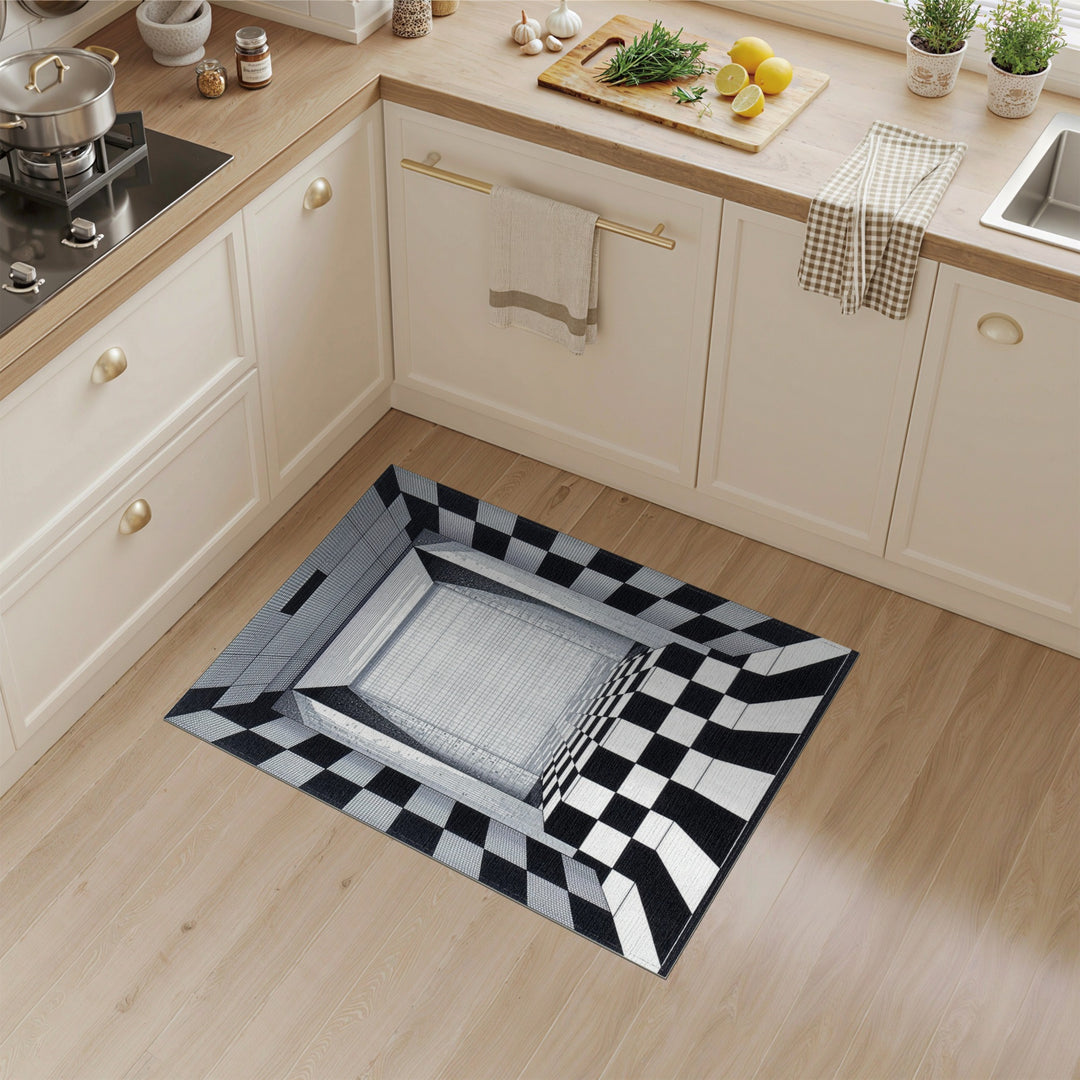 Black White Checkered Perspective Area Rug