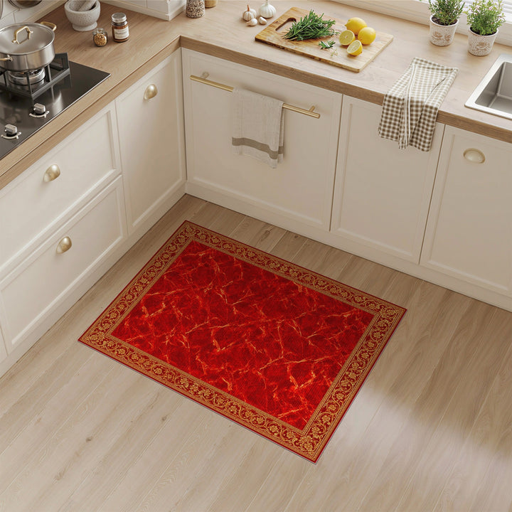Red Marble Rug with Gold Floral Border