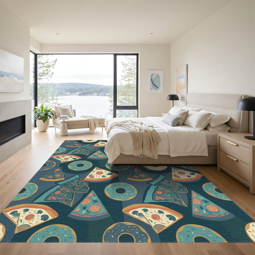 Whimsical Pizza and Donuts Navy Rug