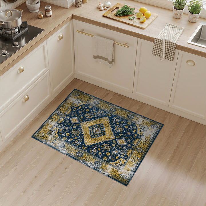 Distressed Navy Blue and Gold Vintage Area Rug