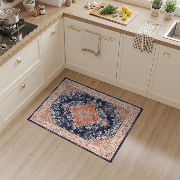 Blue and Teal Navy Blue Distressed Vintage Medallion Area Rug