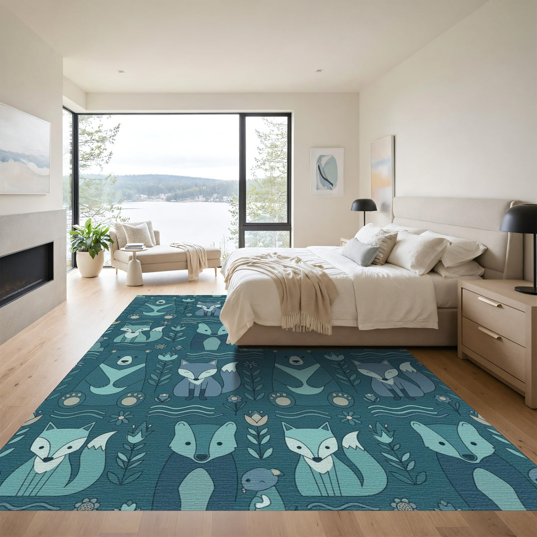Teal Forest Animals Woodland Whimsical Rug