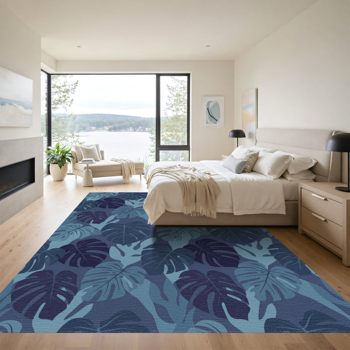 Deep Blue Tropical Monstera Leaves Rug