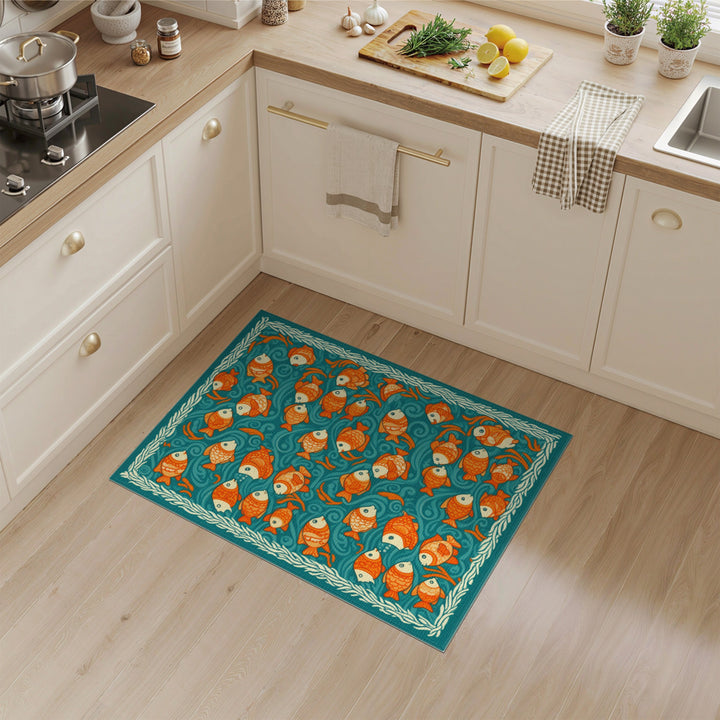 Orange Fish School Teal Coastal Area Rug