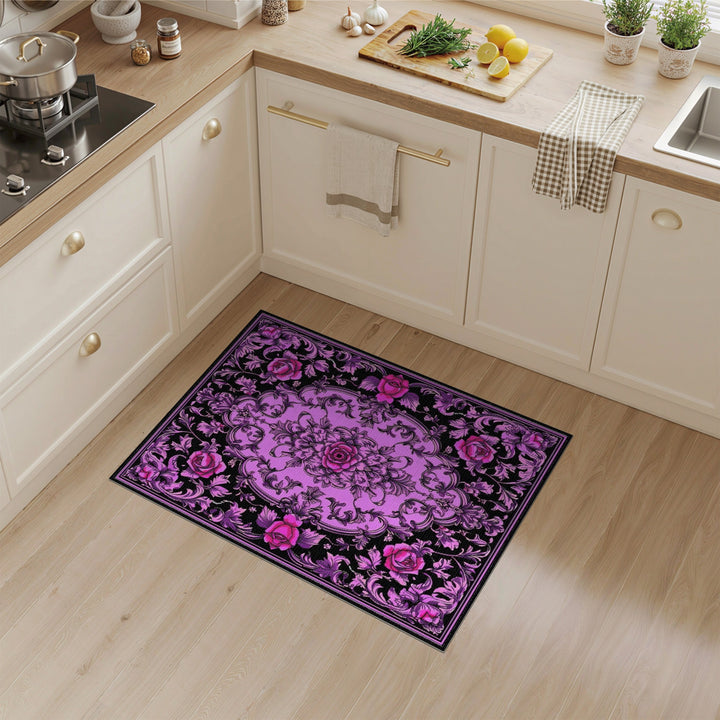 Purple Floral Vintage Area Rug with Pink Roses