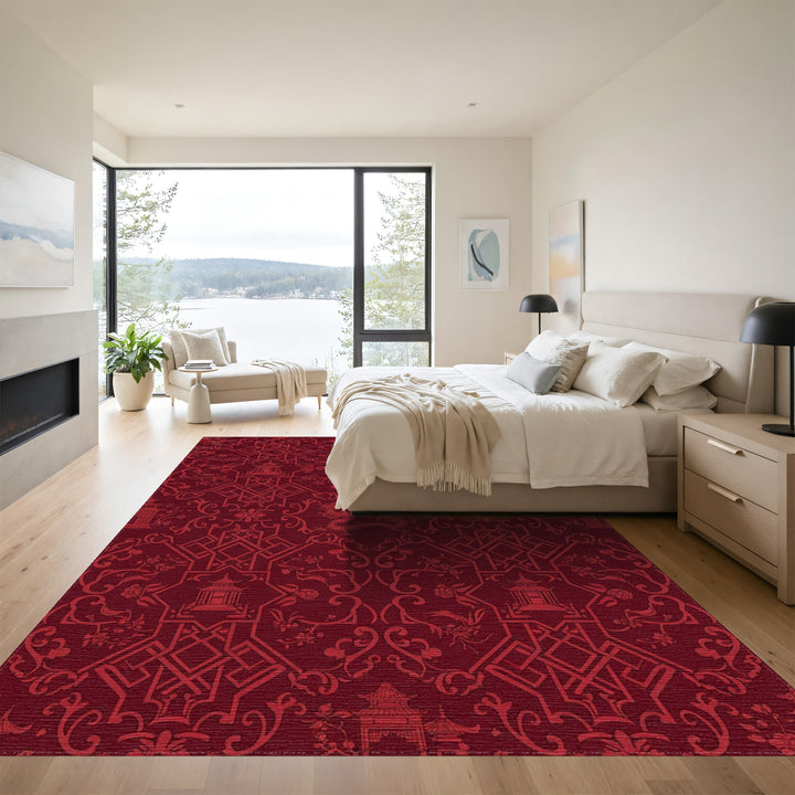 Deep Red Dragon Temple Lattice Rug