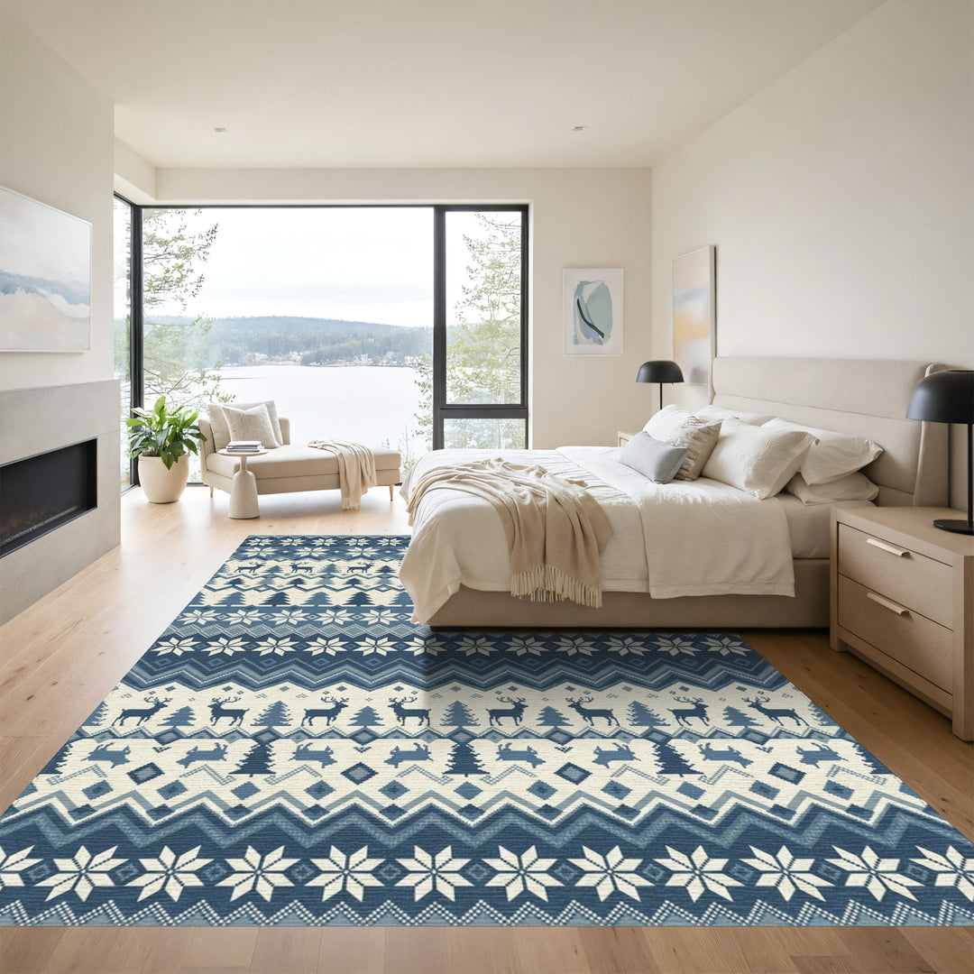 Nordic Blue Deer Snowflake Forest Rug