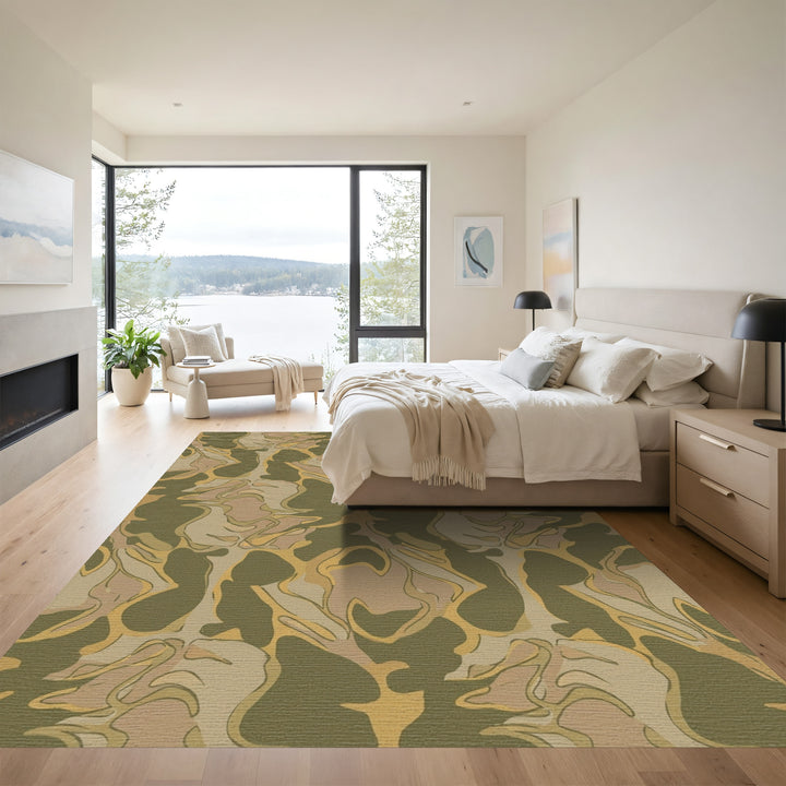 Olive Tan Abstract Camouflage Waves Rug