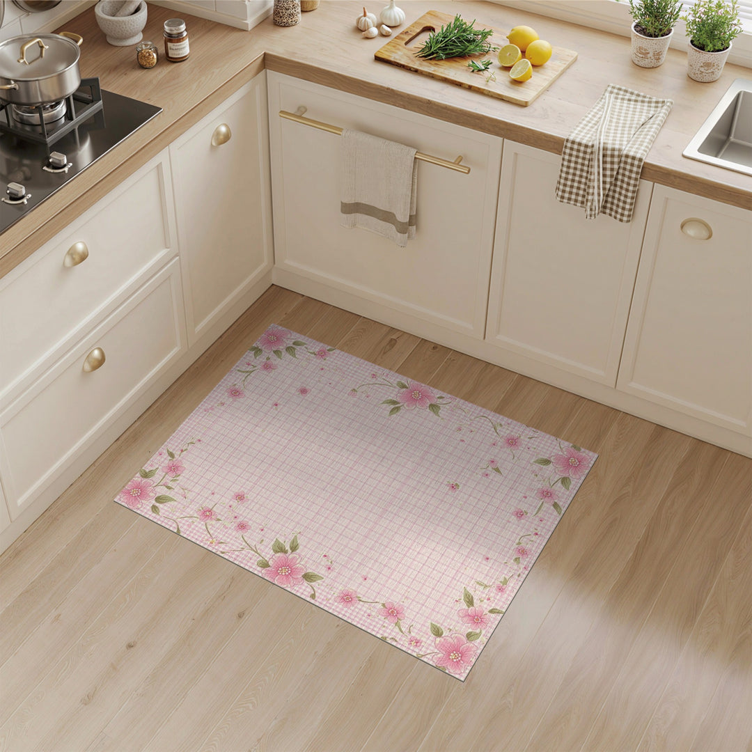 Pink Gingham Floral Washable Area Rug