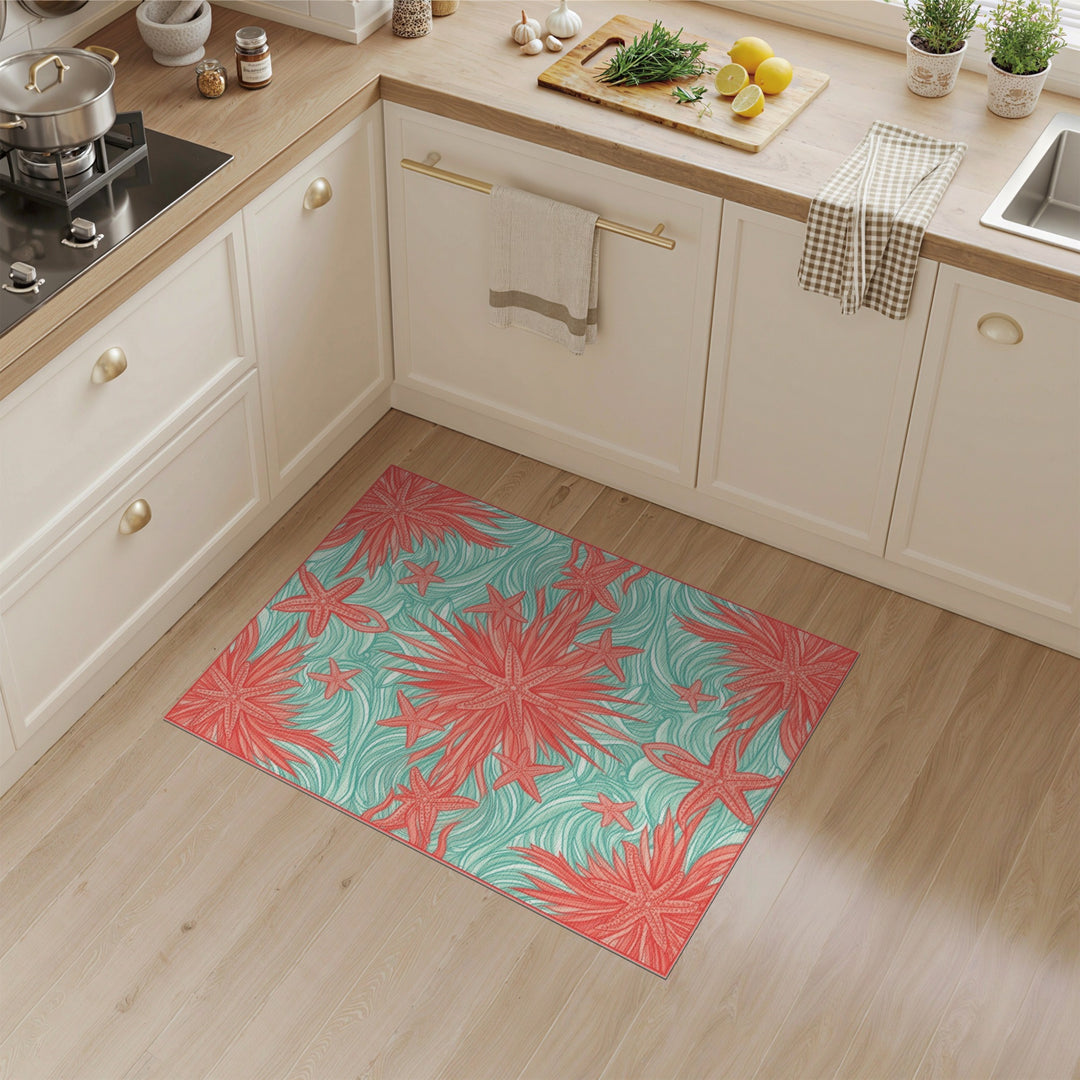 Coral Starfish Teal Wave Area Rug
