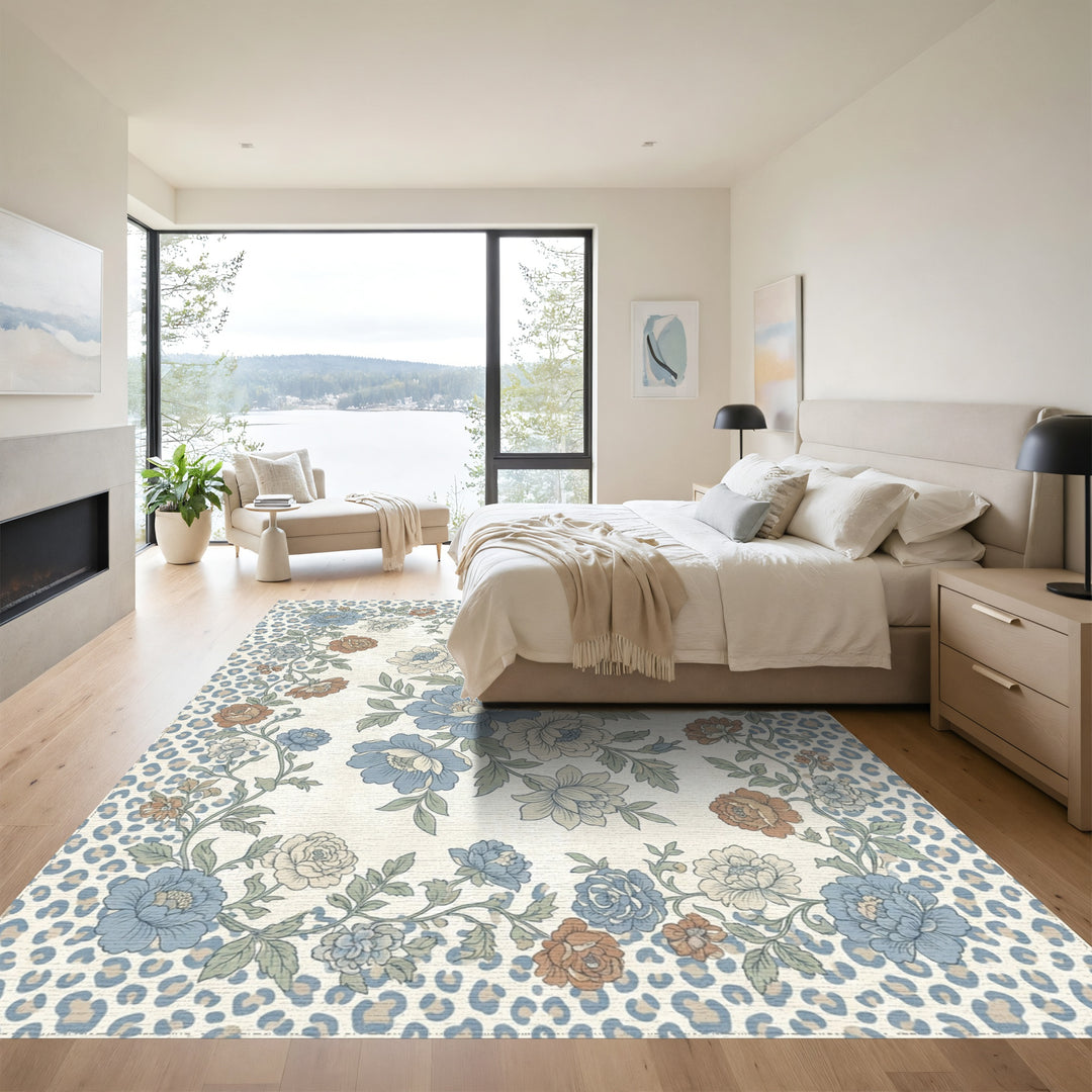 Faded Blue Floral Leopard Frame Rug