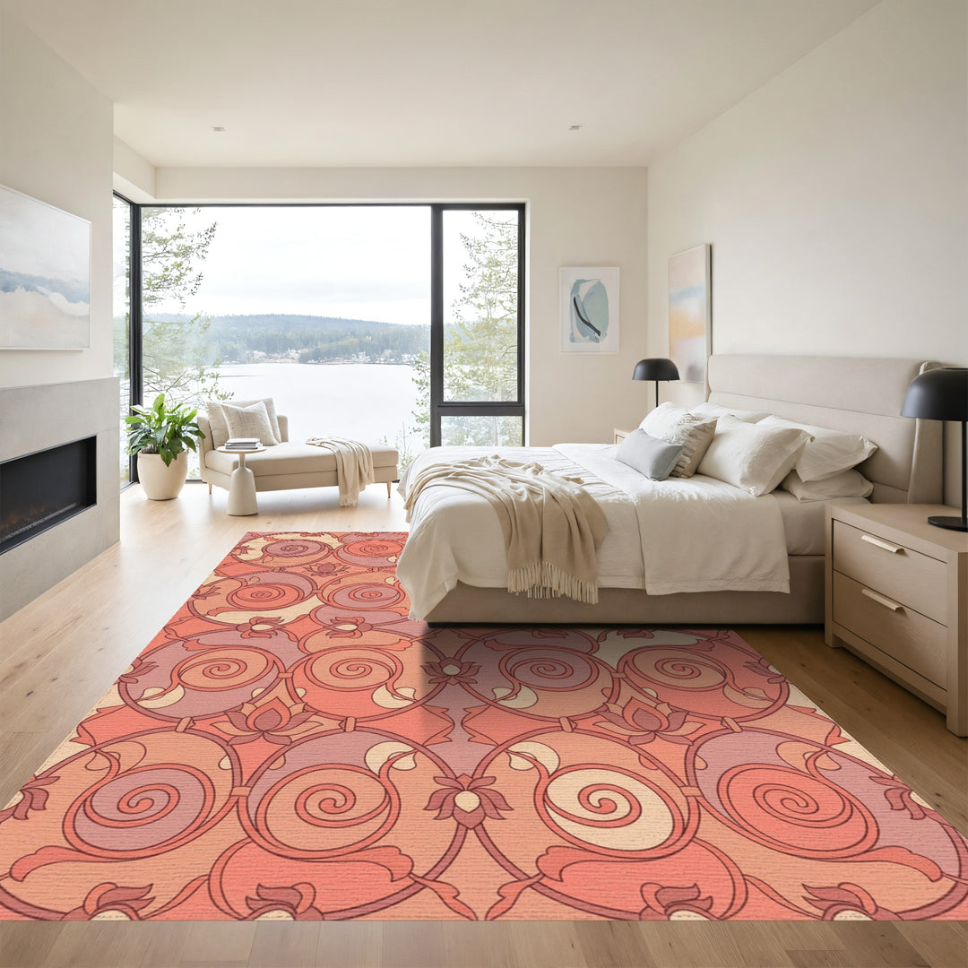 Coral and Peach Floral Scrollwork Rug