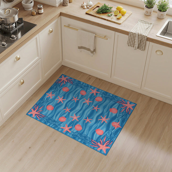 Blue Starfish Coastal Washable Area Rug