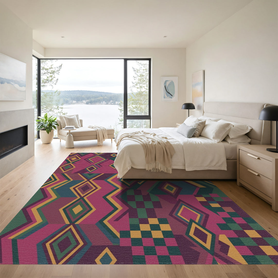 Crimson Teal Gold Geometric Diamond Patchwork Rug
