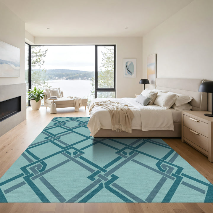 Teal Interlocking Geometric Square Lattice Rug