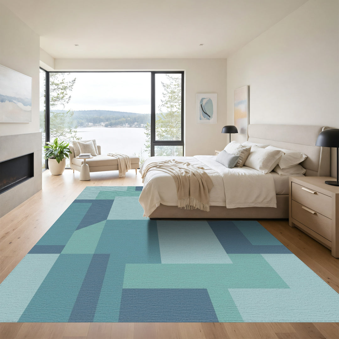 Teal Geometric Blocks Composition Rug