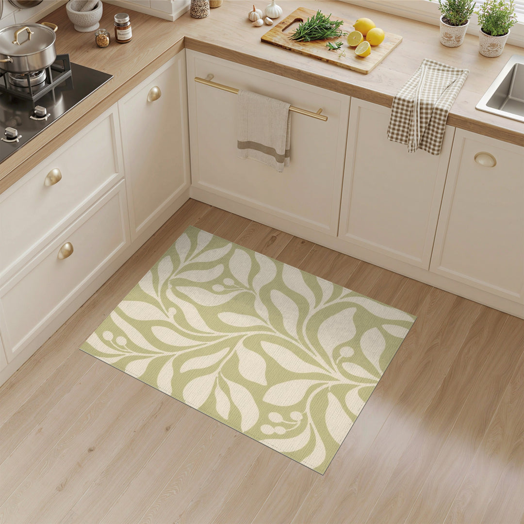 Sage Green Floral Leaf Area Rug