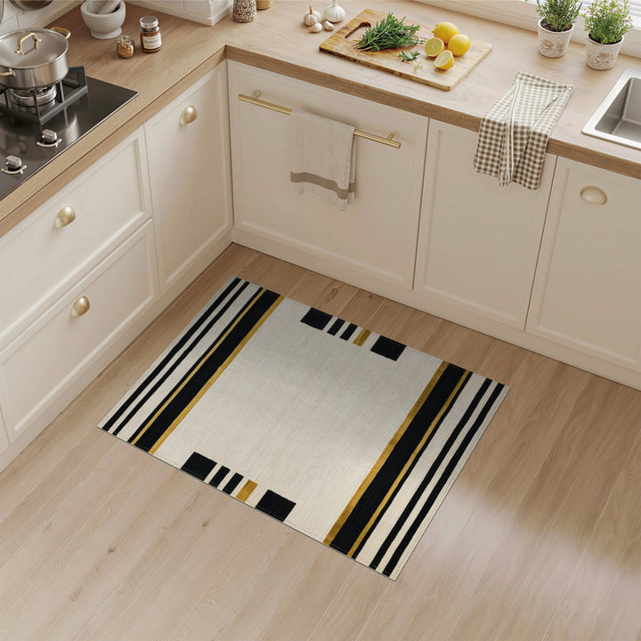 Black and White Black Gold Geometric Striped Area Rug