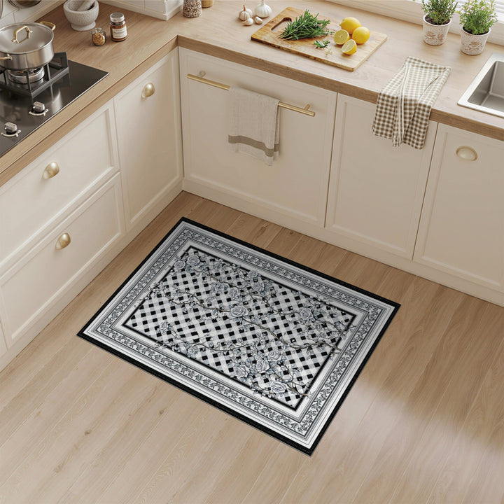 Black White Rose Trellis Area Rug
