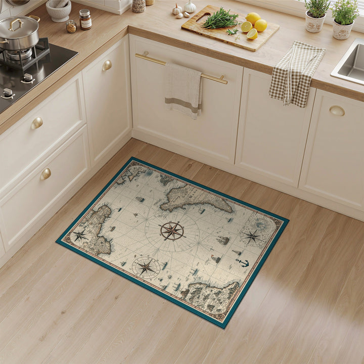 Vintage Nautical Map Area Rug with Compass