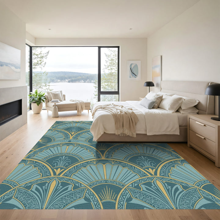 Art Deco Teal Gold Sunburst Rug