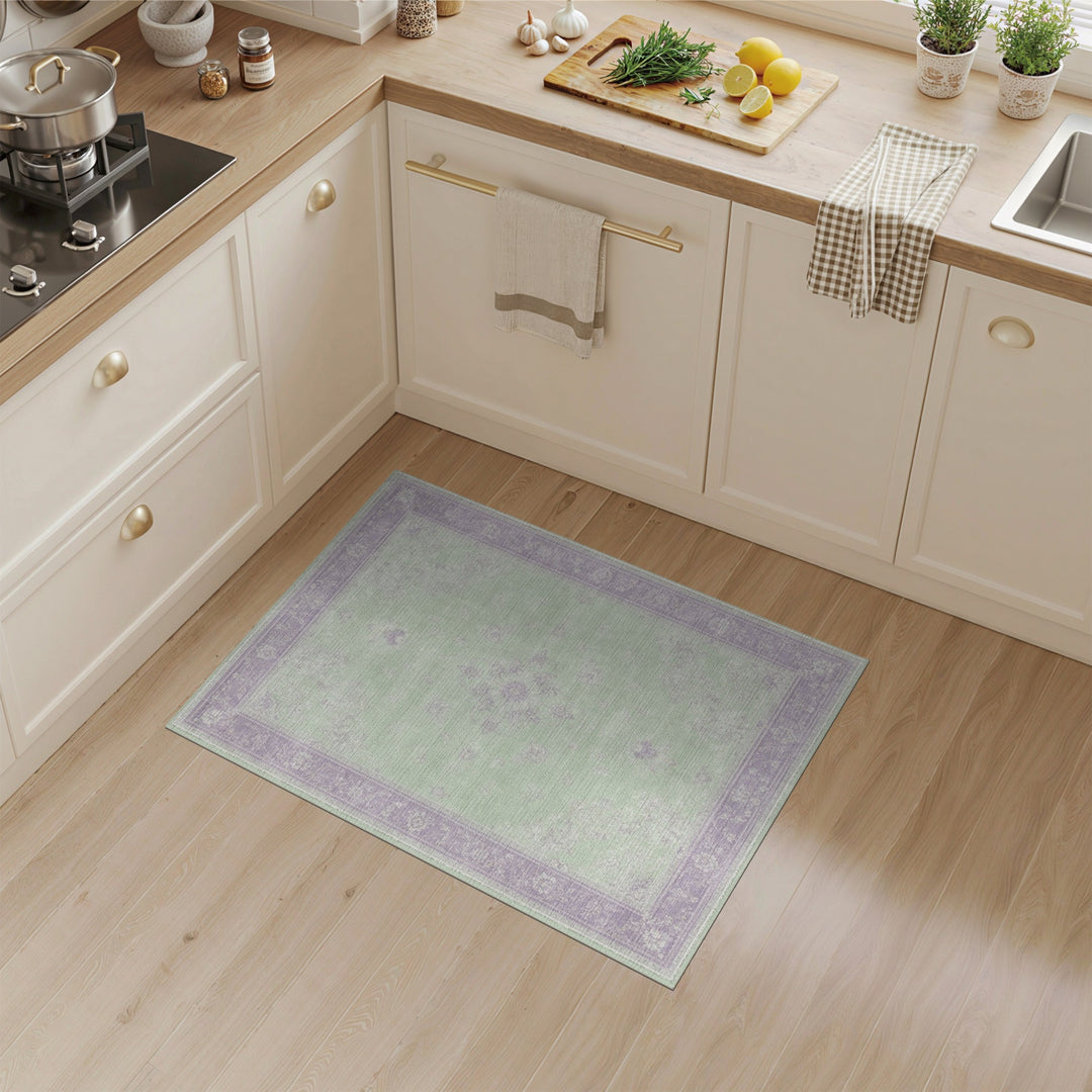 Mint Green Floral Vintage Area Rug with Lavender Border