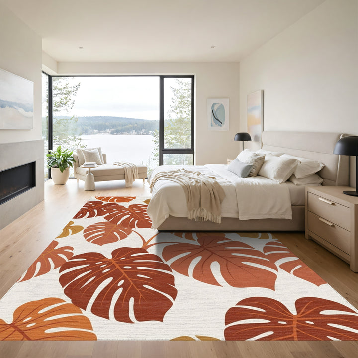 Earthy Monstera Leaf Tropical Weave Rug