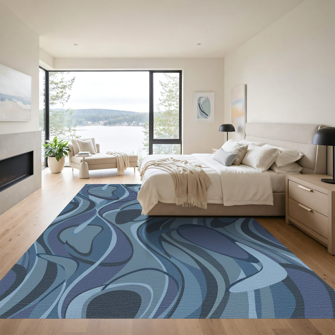 Deep Blue Swirl Abstract Forms Rug