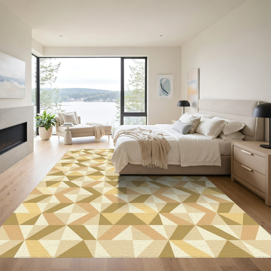 Golden Brown Geometric Triangle Cluster Rug