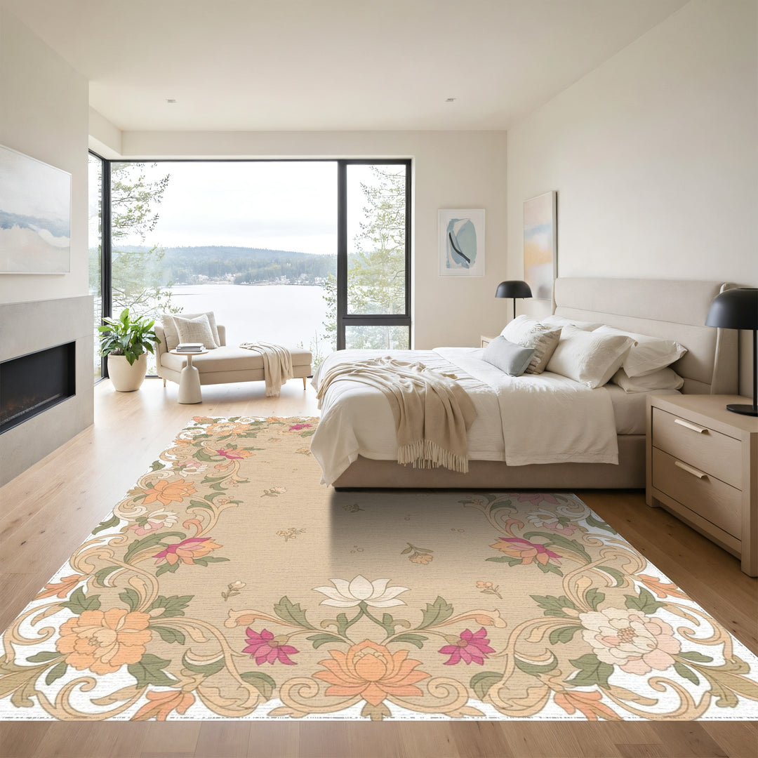 Floral Border with Peony and Lotus Motifs Rug