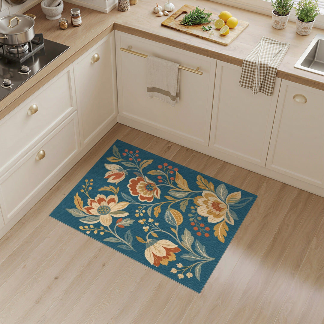 Vintage Floral Teal Washable Area Rug