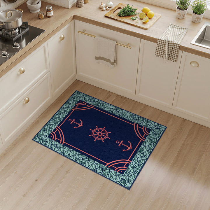 Blue Teal Nautical Anchor Ship Wheel Area Rug