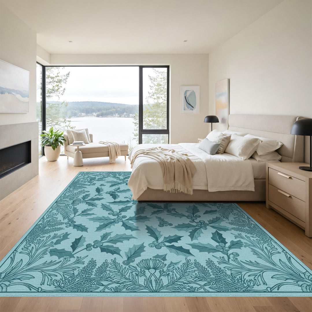 Teal Holly Berry Floral Border Rug