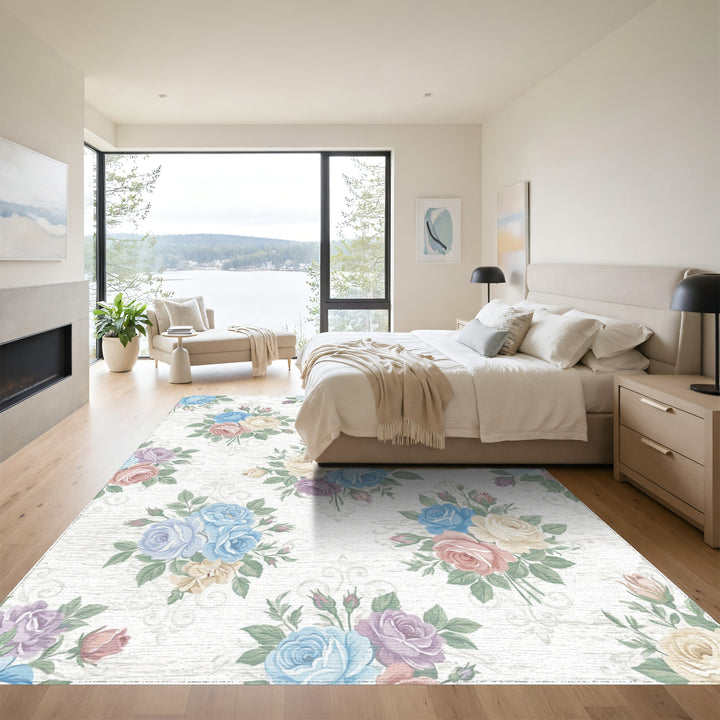 Pastel Rose Bouquet Vintage Scroll Rug