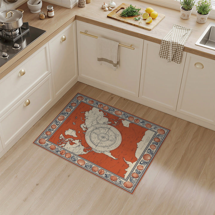 Vintage Red World Map Seashell Border Rug